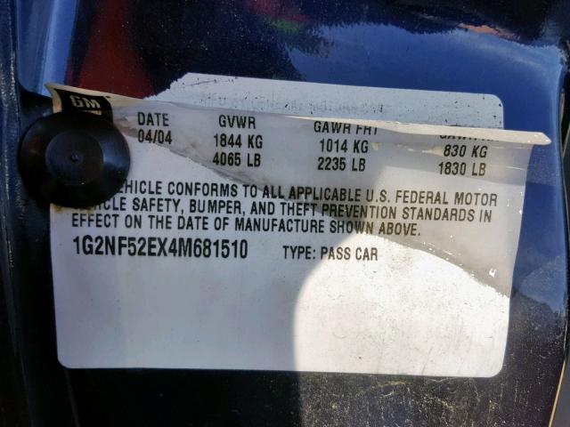 1G2NF52EX4M681510 - 2004 PONTIAC GRAND AM S BLUE photo 10