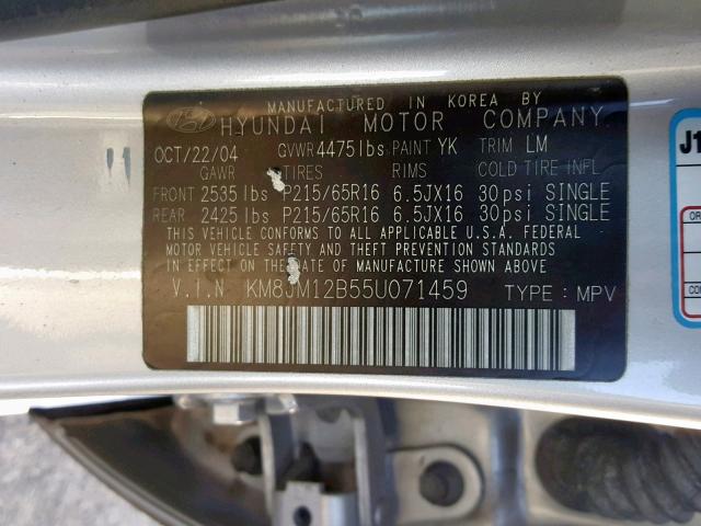 KM8JM12B55U071459 - 2005 HYUNDAI TUCSON GL GRAY photo 10