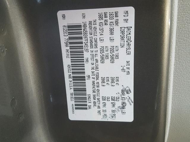 1A8HW58207F545197 - 2007 CHRYSLER ASPEN LIMI BEIGE photo 10