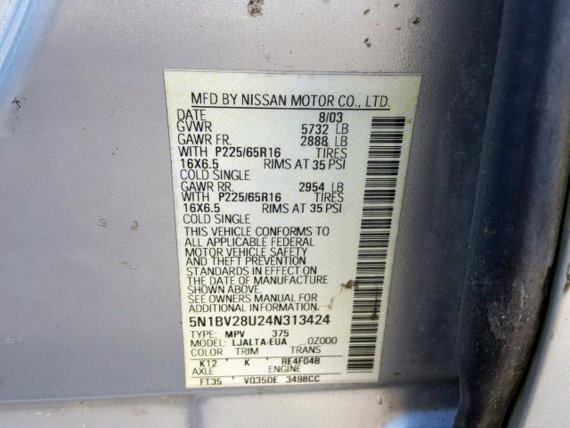 5N1BV28U24N313424 - 2004 NISSAN QUEST S GRAY photo 10