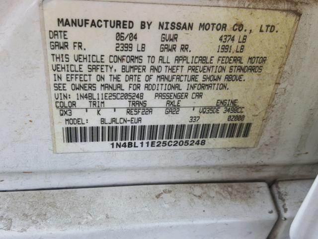 1N4BL11E25C205248 - 2005 NISSAN ALTIMA SE WHITE photo 10