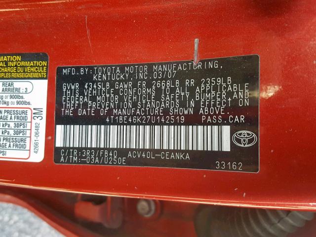 4T1BE46K27U142519 - 2007 TOYOTA CAMRY CE RED photo 10