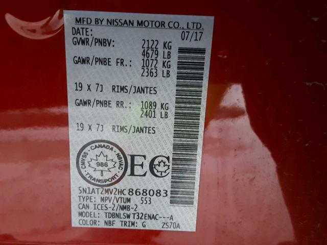 5N1AT2MV2HC868083 - 2017 NISSAN ROGUE SV RED photo 10