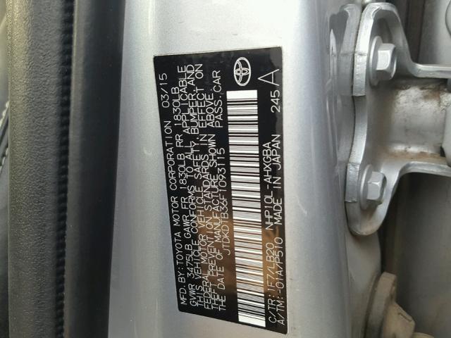 JTDKDTB36F1093115 - 2015 TOYOTA PRIUS C SILVER photo 10