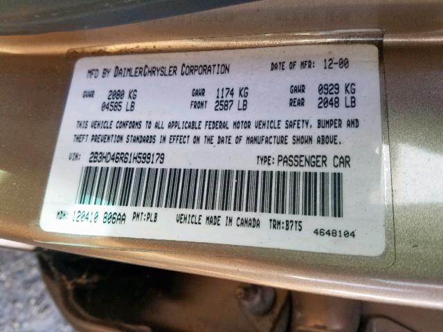 2B3HD46R61H599179 - 2001 DODGE INTREPID S 棕色 照片 10