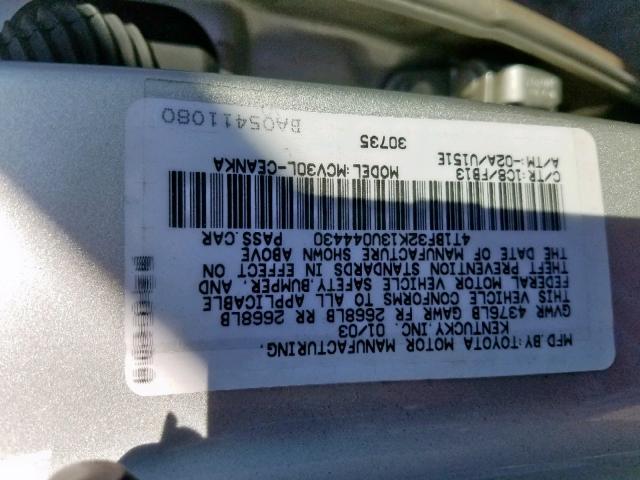 4T1BF32K13U044430 - 2003 TOYOTA CAMRY LE SILVER photo 10