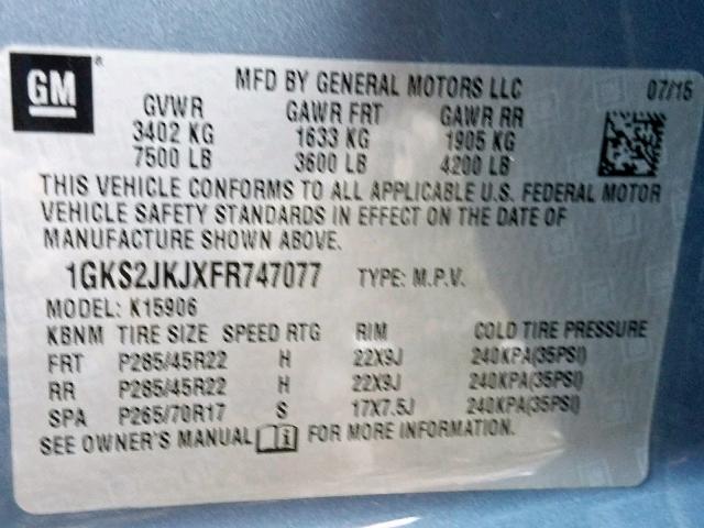 1GKS2JKJXFR747077 - 2015 GMC YUKON XL D BLUE photo 10