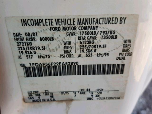 1FDAF56F22EA52890 - 2002 FORD F550 SUPER WHITE photo 10