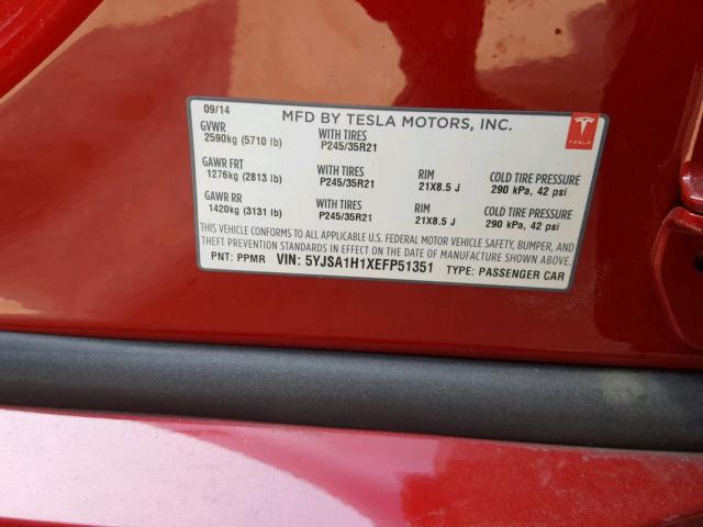 5YJSA1H1XEFP51351 - 2014 TESLA MODEL S RED photo 10