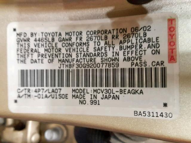 JTHBF30G920077859 - 2002 LEXUS ES 300 GOLD photo 10