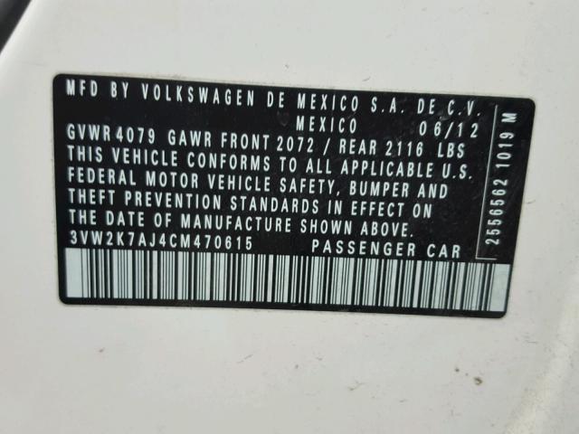 3VW2K7AJ4CM470615 - 2012 VOLKSWAGEN JETTA BASE Սպիտակ լուսանկար 10