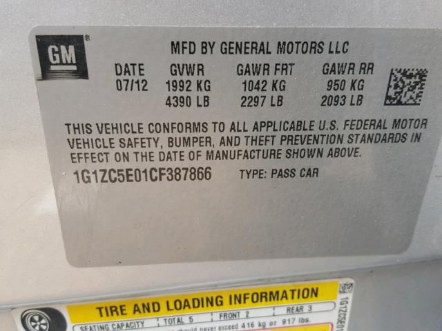 1G1ZC5E01CF387866 - 2012 CHEVROLET MALIBU 1LT SILVER photo 10