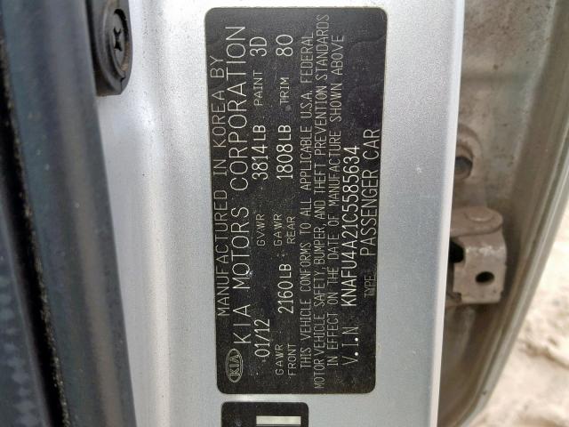 KNAFU4A21C5585634 - 2012 KIA FORTE EX SILVER photo 10