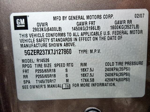 5GZER237X7J127860 - 2007 SATURN OUTLOOK XR ყავისფერი ფოტო 10