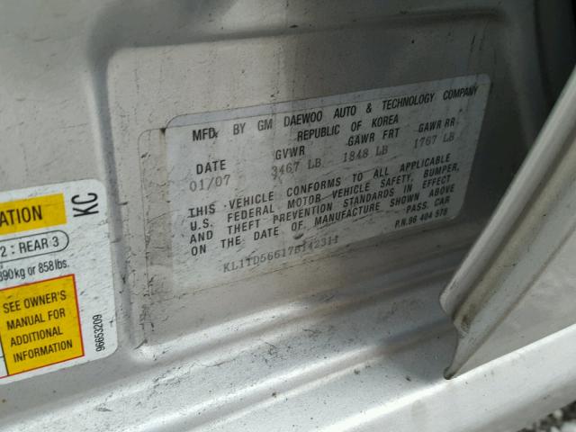 KL1TD56617B142311 - 2007 CHEVROLET AVEO BASE Gümüş foto 10