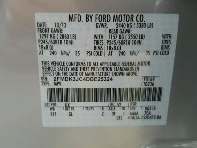 2FMDK3JC4DBE25324 - 2013 FORD EDGE SEL SILVER photo 10