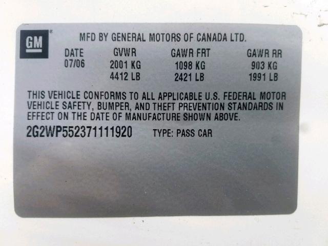 2G2WP552371111920 - 2007 PONTIAC GRAND PRIX WHITE photo 10