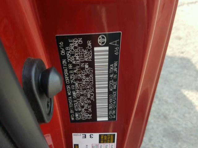 JTKJF5C71GJ026127 - 2016 TOYOTA SCION TC 红色 照片 10