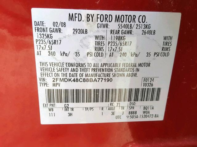 2FMDK48C88BA77190 - 2008 FORD EDGE SEL MAROON photo 10