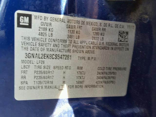 3GNAL2EK8CS547281 - 2012 CHEVROLET CAPTIVA SP BLUE photo 10