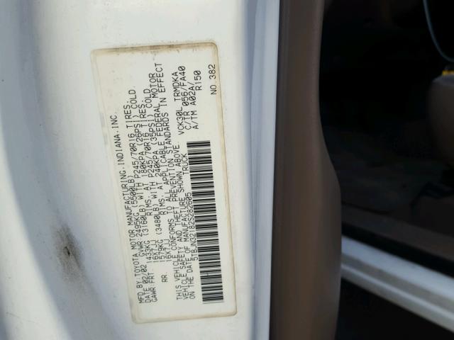 5TBJN32182S282605 - 2002 TOYOTA TUNDRA WHITE photo 10