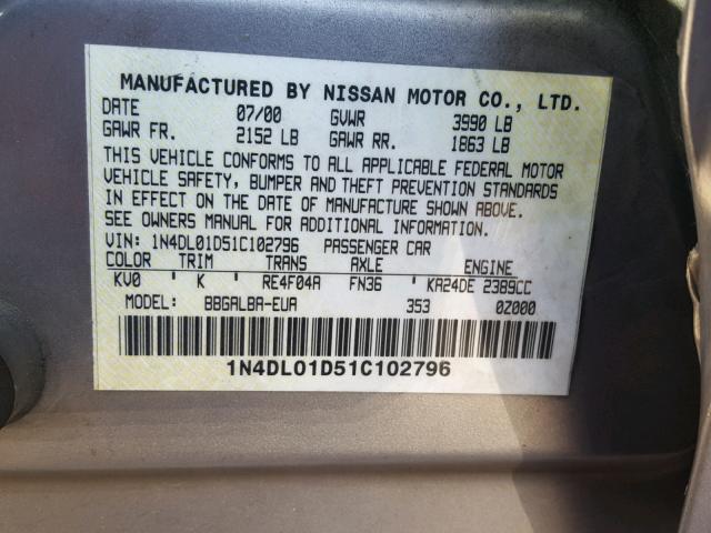 1N4DL01D51C102796 - 2001 NISSAN ALTIMA XE SILVER photo 10