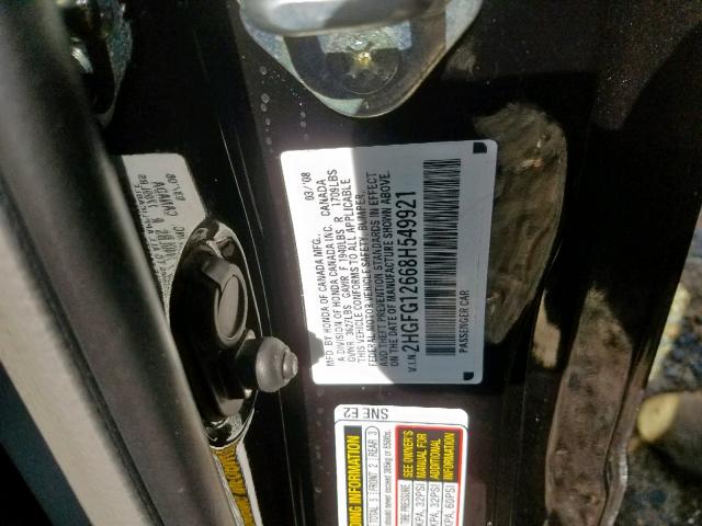 2HGFG12668H549921 - 2008 HONDA CIVIC LX BLACK photo 10