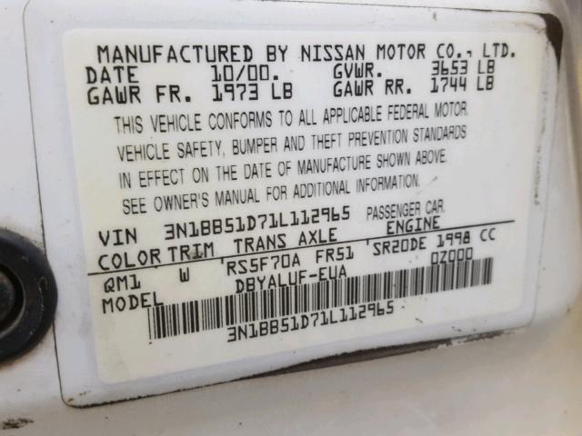 3N1BB51D71L112965 - 2001 NISSAN SENTRA SE WHITE photo 10