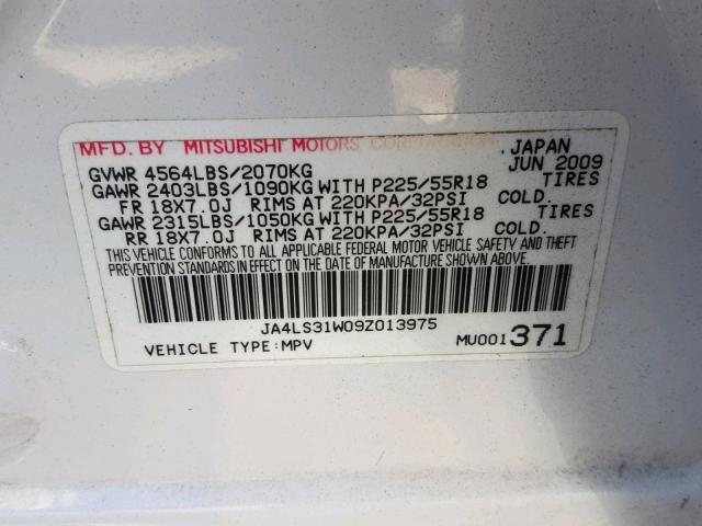 JA4LS31W09Z013975 - 2009 MITSUBISHI OUTLANDER WHITE photo 10