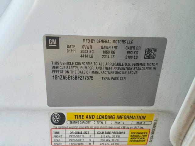 1G1ZA5E13BF277575 - 2011 CHEVROLET MALIBU LS 白色 照片 10