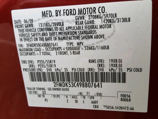 2FMDK53C49BB07641 - 2009 FORD FLEX LIMIT RED photo 10