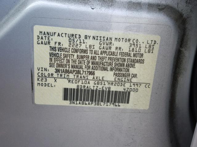 3N1AB6AP3BL717966 - 2011 NISSAN SENTRA 2.0 SILVER photo 10