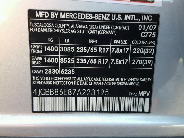 4JGBB86E87A223195 - 2007 MERCEDES-BENZ ML 350 SILVER photo 10