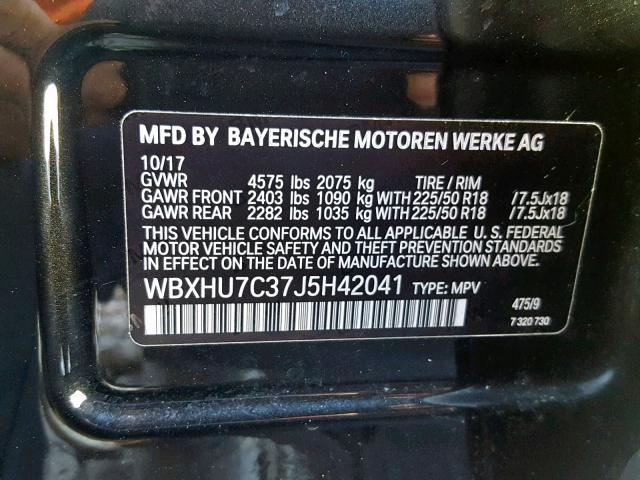 WBXHU7C37J5H42041 - 2018 BMW X1 SDRIVE2 BLACK photo 10