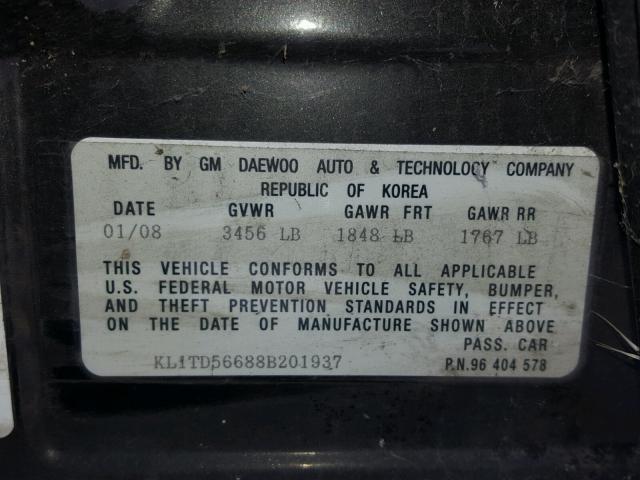 KL1TD56688B201937 - 2008 CHEVROLET AVEO BASE Қара фото 10