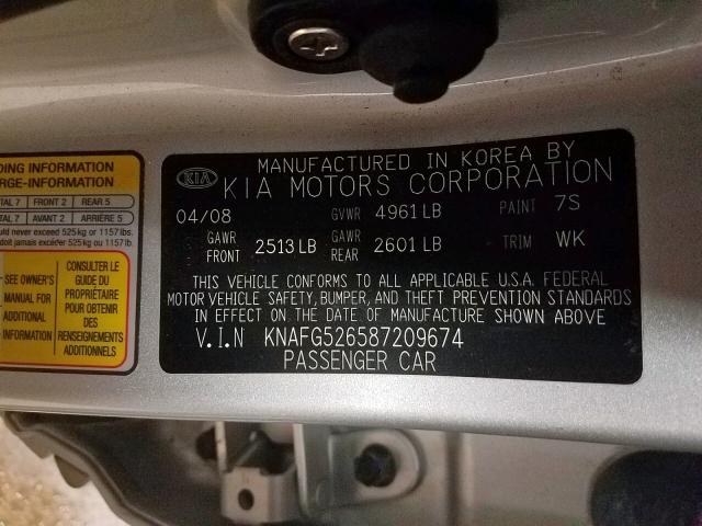 KNAFG526587209674 - 2008 KIA RONDO LX SILVER photo 10