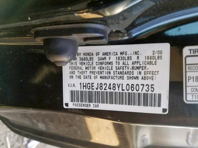 1HGEJ8248YL060735 - 2000 HONDA CIVIC EX BLACK photo 10