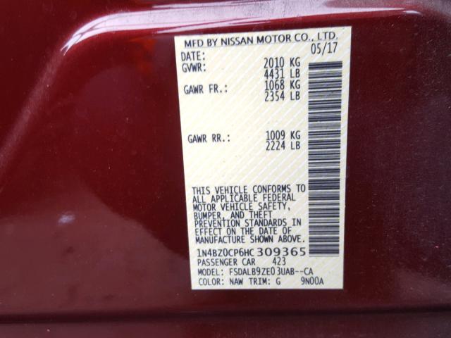 1N4BZ0CP6HC309365 - 2017 NISSAN LEAF S MAROON photo 10