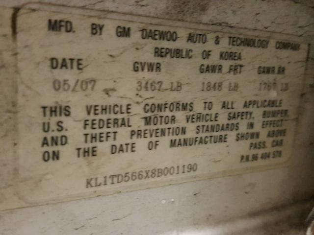 KL1TD566X8B001190 - 2008 CHEVROLET AVEO BASE Ақ фото 10