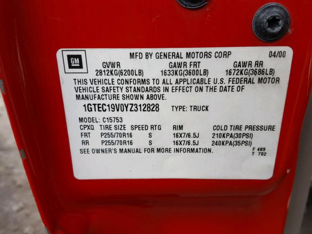 1GTEC19V0YZ312828 - 2000 GMC NEW SIERRA RED photo 10