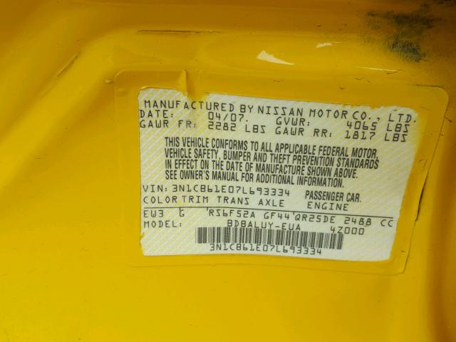 3N1CB61E07L693334 - 2007 NISSAN SENTRA SE- YELLOW photo 10