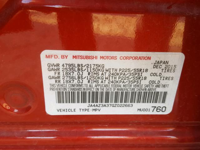 JA4AZ3A37GZ022663 - 2016 MITSUBISHI OUTLANDER RED photo 10