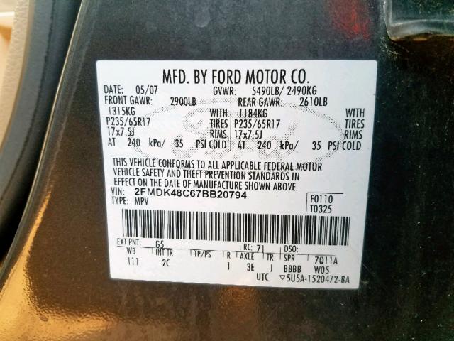 2FMDK48C67BB20794 - 2007 FORD EDGE SEL BLACK photo 10