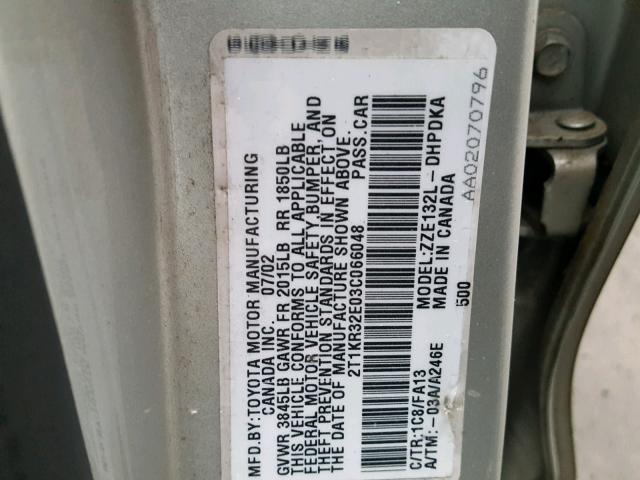 2T1KR32E03C066048 - 2003 TOYOTA COROLLA MA SILVER photo 10