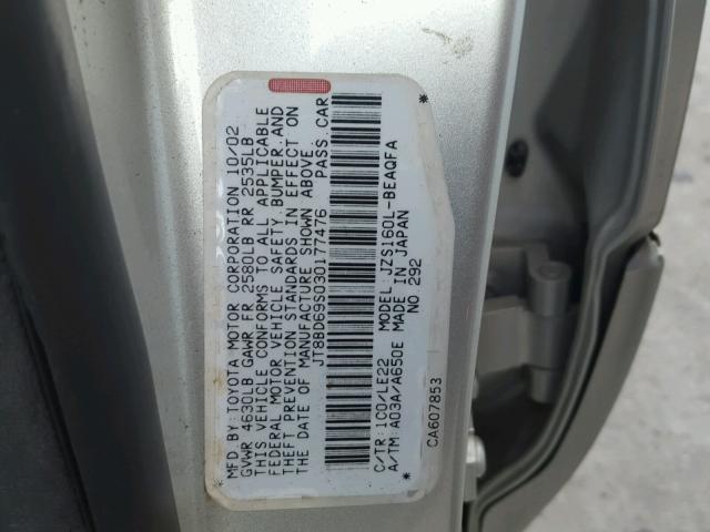 JT8BD69S030177476 - 2003 LEXUS GS 300 SILVER photo 10