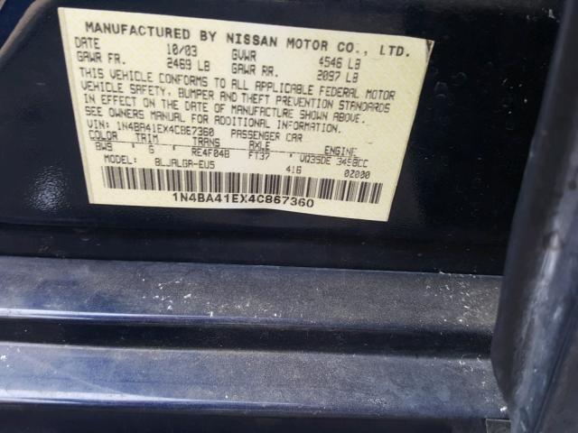 1N4BA41EX4C867360 - 2004 NISSAN MAXIMA SE BLUE photo 10