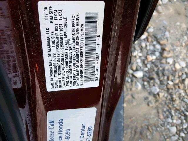 5FNRL5H63GB057700 - 2016 HONDA ODYSSEY EX MAROON photo 10