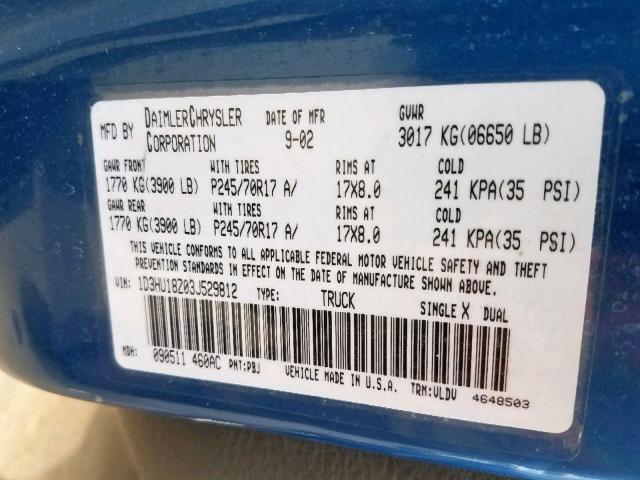 1D3HU18Z03J529812 - 2003 DODGE RAM 1500 S BLUE photo 10