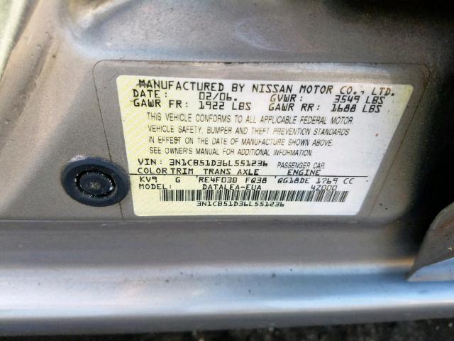 3N1CB51D36L551236 - 2006 NISSAN SENTRA 1.8 BEIGE photo 10