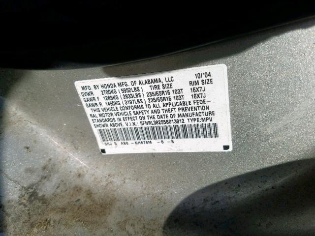 5FNRL38255B013812 - 2005 HONDA ODYSSEY LX SILVER photo 10